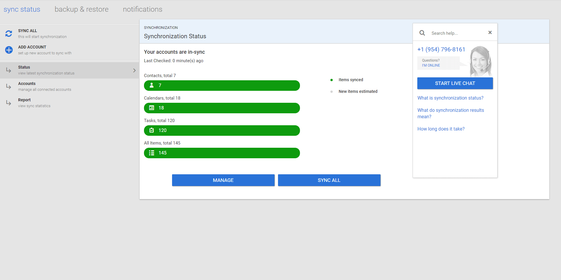 Status "Konten sind synchronisiert"